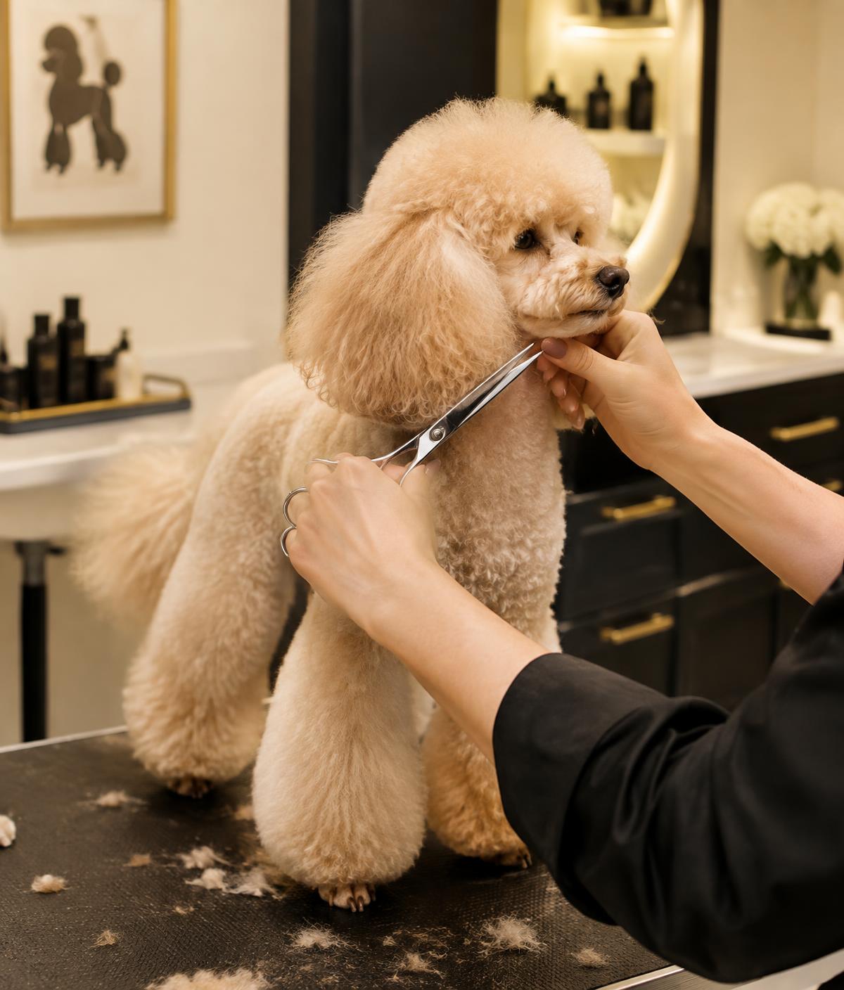 Profissional realizando tosa na tesoura em um poodle